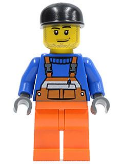 LEGO Minifigure-Overalls with Safety Stripe Orange, Orange Legs, Black Cap, Smirk and Stubble Beard-Town / City-AIR033-Creative Brick Builders